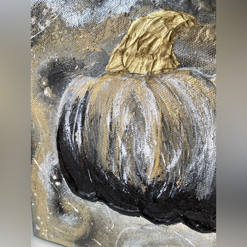 Black and Gold Pumpkin Canvas Art 8”x8” - Picture 3 of 4
